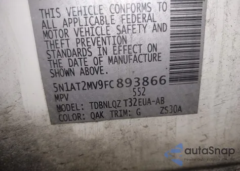 2015 Nissan Rogue Sv z USA, uszkodzony, nr VIN 5N1AT2MV9FC893866